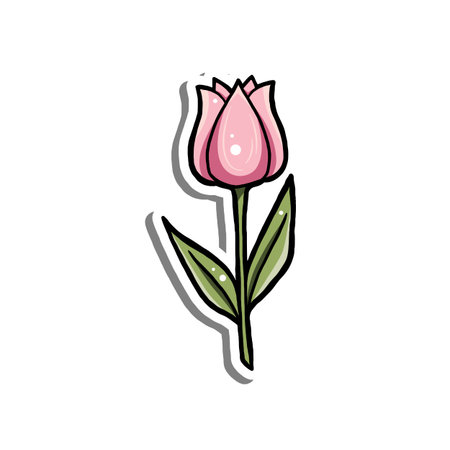 Cute pink tulip illustration with green leaves in a simple cartoon style, bold outlines, and white highlights, isolated on white background, perfect for stickers or spring designs.のイラスト素材