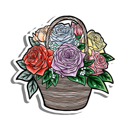 Colors Roses in Basket Outline Blooming on white silhouette and gray shadow. Hand drawn cartoon style. illustration for decorate and any design.のイラスト素材