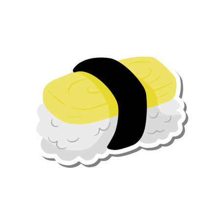 Cute Cartoon Tamako Sushi Flat on White Silhouette and Gray Shadow. Vector Illustration about Food.のイラスト素材