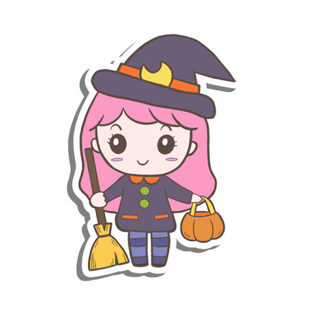 Halloween cute girl fancy witch with dress on white silhouette and gray shadow. Doodle nursery decoration, cartoon character great for child greeting card and any design. Vector illustration of kid art.のイラスト素材