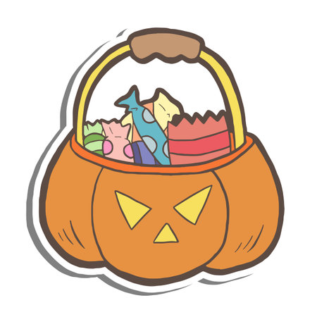 Halloween pumpkin basket full of candy with color on white silhouette and gray shadow. Doodle nursery decoration, cartoon character great for child greeting card and any design. Vector illustration.のイラスト素材