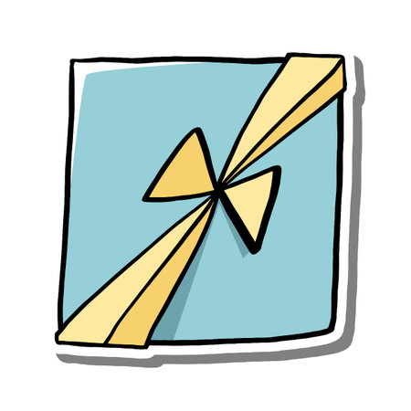 Cute cartoon style gift box with yellow ribbon and bow. Perfect for festive, holiday, birthday, and celebration themed designs. Bold outline and playful look.のイラスト素材