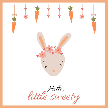 Cute vector postcard with a little bunny, flowers and carrotsのイラスト素材