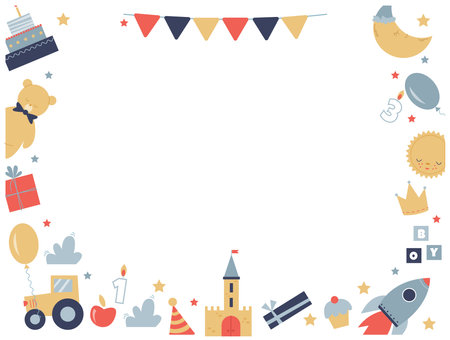 template of a bright children's frame with cute toys and empty space in the middleのイラスト素材