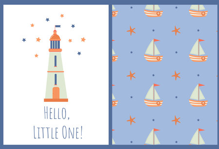 a set of a baby card and a marine-themed pattern with a lighthouse and starsのイラスト素材