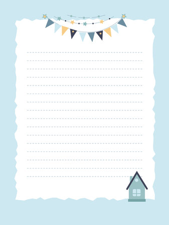 Diary note page template with house and flags in blue colorのイラスト素材