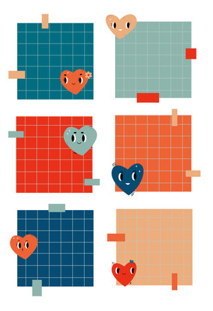 Set of bright note cards with hearts in retro styleのイラスト素材