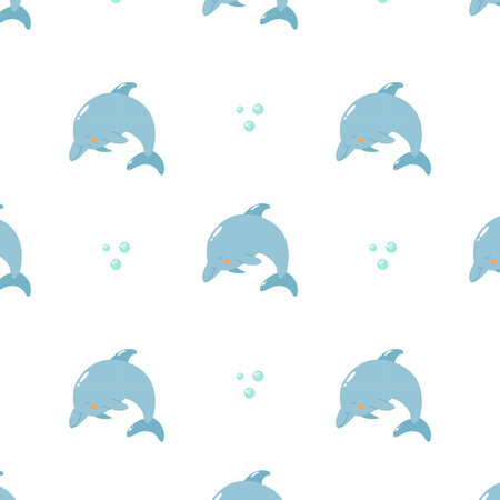 Nautical summer pattern with funny dolphin and bubblesのイラスト素材
