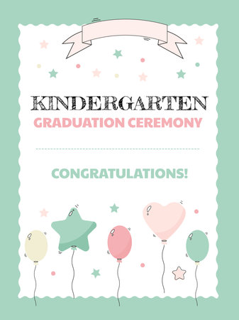 Cute diploma for kindergarten graduates with colored balloons and starsのイラスト素材