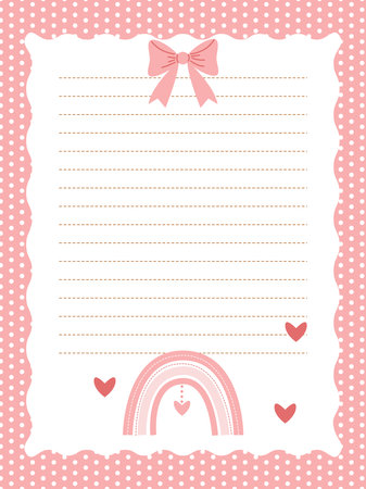 Cute page template for notebook or diary in pink color with rainbow and bowのイラスト素材