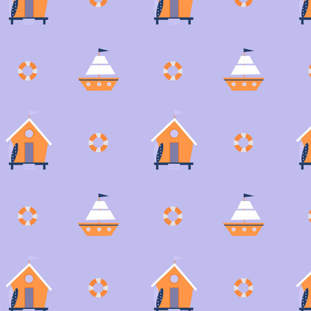 Children's pattern with a beach house and a small shipのイラスト素材