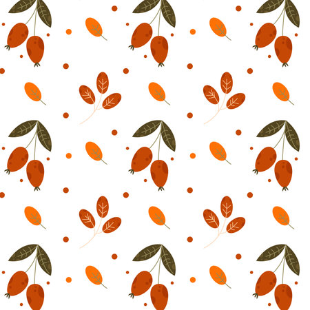 Autumn-themed pattern in warm colors with simple cute rose hips and falling leavesのイラスト素材