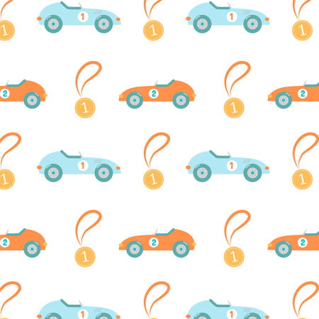 Bright pattern with racing cars and medals for children's textilesのイラスト素材