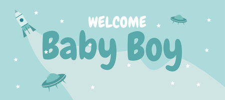 Vector banner for baby boy newborn with little rocket and stars in blue colorのイラスト素材