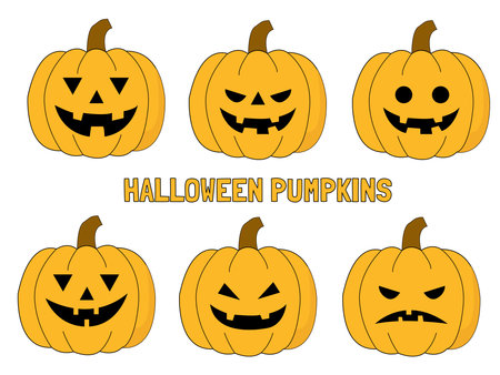 Festive set with pumpkins with scary faces for Halloween for stickers or scrapbooking isolated on a white backgroundのイラスト素材