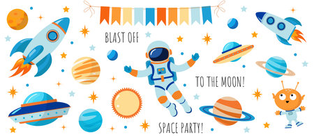 a large set of cute space elements. Decor for a party. Planets, stars, rockets, an alien and an astronaut. Simple vector illustrationのイラスト素材