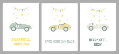 a set with cute posters for the children's room. Racing cars in a simple flat styleのイラスト素材