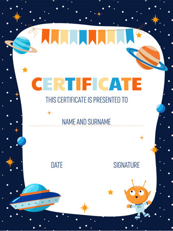 Diploma template for kindergarten. Space adventures. Illustration in simple flat styleのイラスト素材