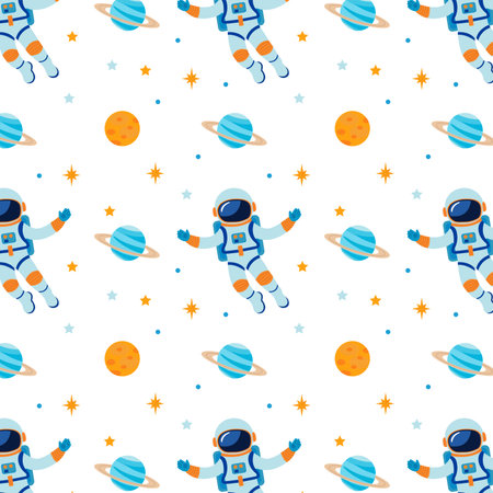 A bright pattern with an astronaut, stars and planets. Pattern for clothing and textiles. Simple vector illustrationのイラスト素材