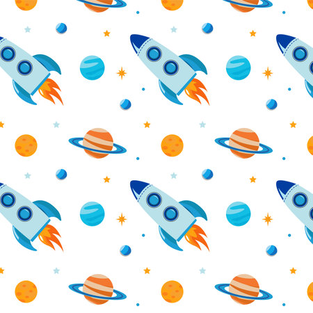 Space pattern for children with a rocket and planets. Great for textiles and decor. Vector illustrationのイラスト素材