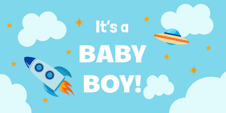 Birthday banner for a boy with a rocket, clouds, and starsのイラスト素材