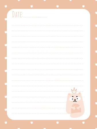 A cute diary page with a funny cat in pink tones in a simple flat styleのイラスト素材