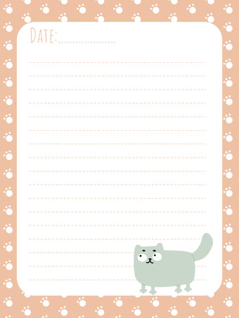 Diary page with a funny cat and paw print background in a simple flat styleのイラスト素材