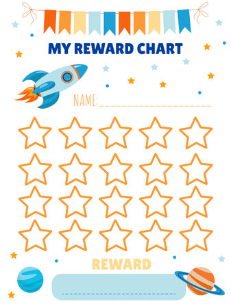 Achievement tracking chart for children with a space-themed prize featuring a rocket and stars in a simple styleのイラスト素材