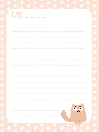 A simple, cute-style note page with a cat and paws in the backgroundのイラスト素材