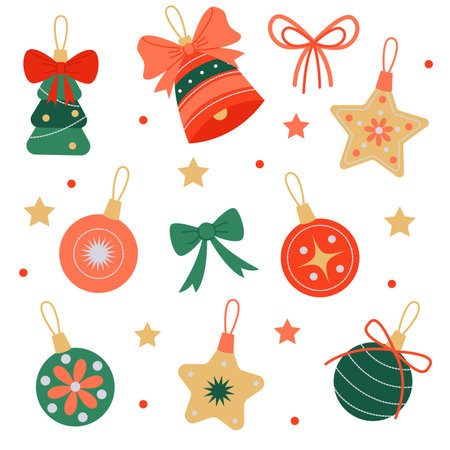 set of Christmas tree decorations in traditional holiday colors with balls, bells, and bows in a flat styleのイラスト素材