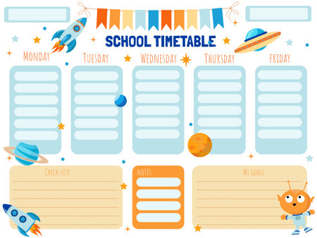 School schedule for students on the theme of space with rockets and planets. Simple flat illustrationのイラスト素材