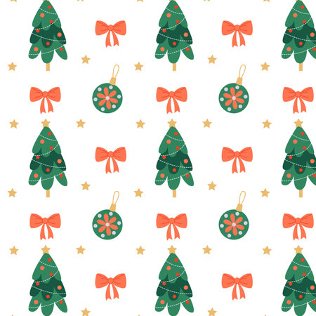 Bright Christmas pattern with a New Year tree, bows, and stars. Simple vector illustration.のイラスト素材