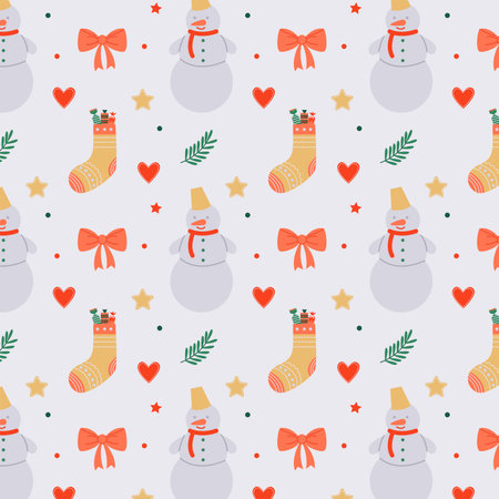 Cute Christmas pattern with a snowman and a stocking filled with gifts. Perfect for wrapping paper...