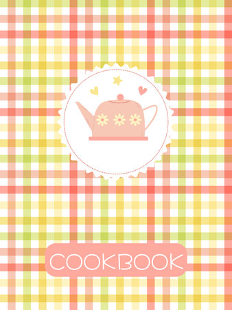 cover page for a recipe book with a cute pink teapot on a checkered backgroundのイラスト素材