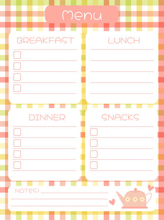 page template for planning the menu for the day in bright colors with a pink kettleのイラスト素材