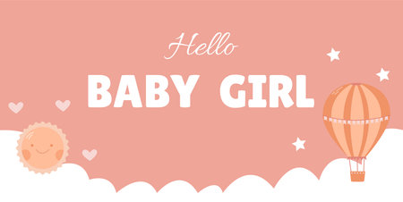 Banner for the birth of a little girl in pink colors with clouds, a balloon and a sunのイラスト素材