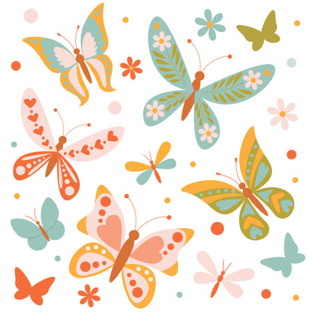 Set of bright beautiful butterflies with colors and patterns for spring and summerのイラスト素材