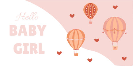 Banner for the birth of a little girl in pink colors with balloons and heartsのイラスト素材