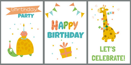 A set of bright festive birthday cards for children featuring funny animals. Simple flat illustration.のイラスト素材