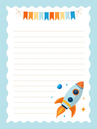 Page template for a boy's diary or notebook with a rocket and stars. Vector illustrationのイラスト素材