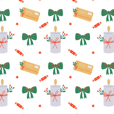Pattern with a letter to Santa Claus and a decorative candle. Perfect for wrapping paper and festive textiles.のイラスト素材