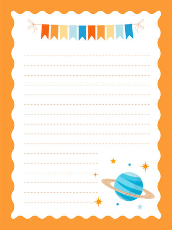 A colorful page for a notebook featuring planets and stars. Printable page. Simple vector illustration.のイラスト素材