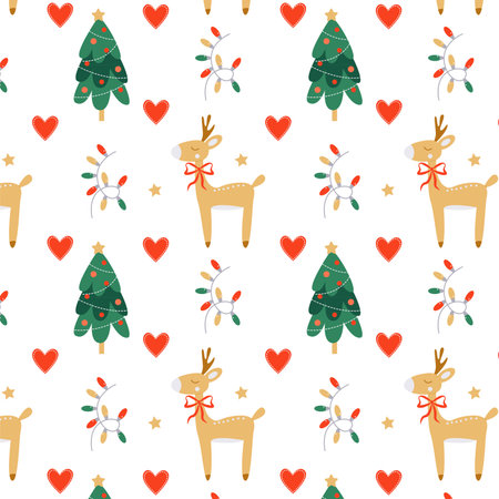Cute pattern with Santa Claus' reindeer, festive Christmas trees, and garlands for wrapping paper and textilesのイラスト素材