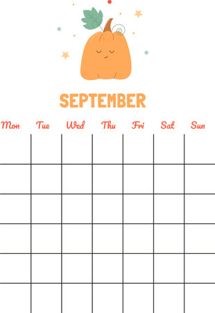 Page template for an autumn calendar with a pumpkin and leaves. Flat vector illustrationのイラスト素材