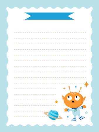 Cute diary pages featuring a funny alien in space. Printable page. Simple vector illustration.のイラスト素材
