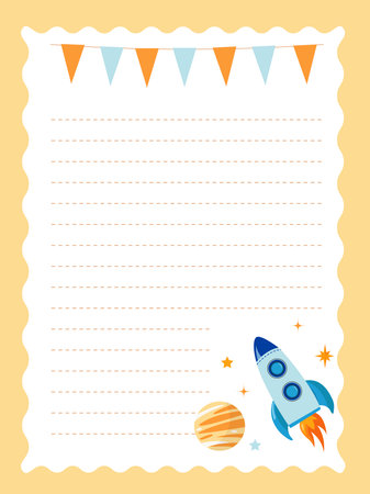 Page template for a diary or notebook with a rocket in space. Printable page. Simple vector illustration.のイラスト素材