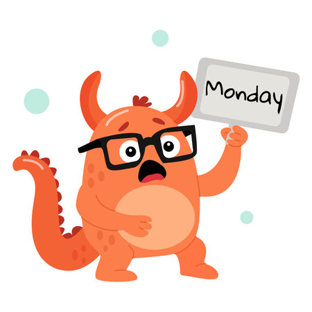 A funny surprised school monster is holding a sign that says âMondayâ in its paws. The character is outlined on a white background. Simple vector illustration.のイラスト素材