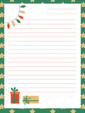 Festive writing paper with Christmas gift box and ornament decoration. Ideal for holiday letters, kids notes, and printable templates.のイラスト素材