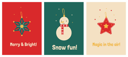 Set of bright Christmas cards with New Year decorations for the Christmas treeのイラスト素材