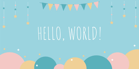 Hello world text with bunting and confetti on blue background.のイラスト素材